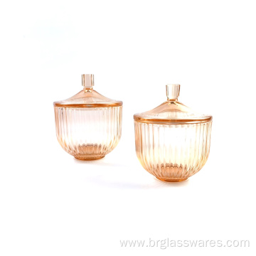 New Arrival Glass Sprayed Colorful Candle Jar Series With RIbbed Decoration And Gold Rim And Knob